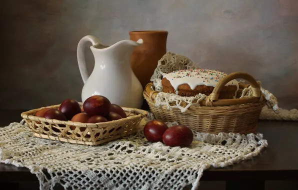 Стол, корзина, яйца, пасха, ваза, кувшин, натюрморт, кулич