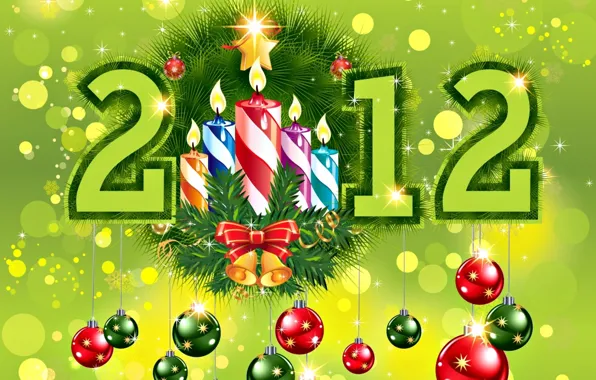 Картинка зеленый, праздник, игрушки, елка, новый год, ель, 2012, колокольчик
