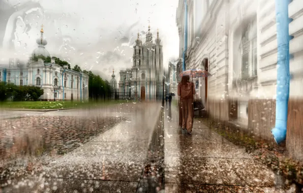 Картинка девушка, капли, дождь, зонт, Санкт-Петербург, плащ