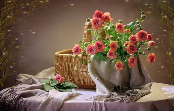 Цветы, стол, фон, корзина, розы, розовые, скатерть