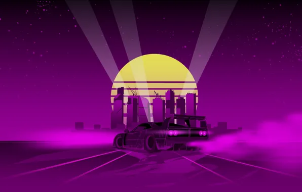 Солнце, Музыка, Город, Силуэт, Фон, Ferrari, 80s, Neon