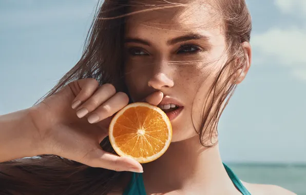 Взгляд, девушка, солнце, лицо, фото, апельсин, Viktoria Semenchuk