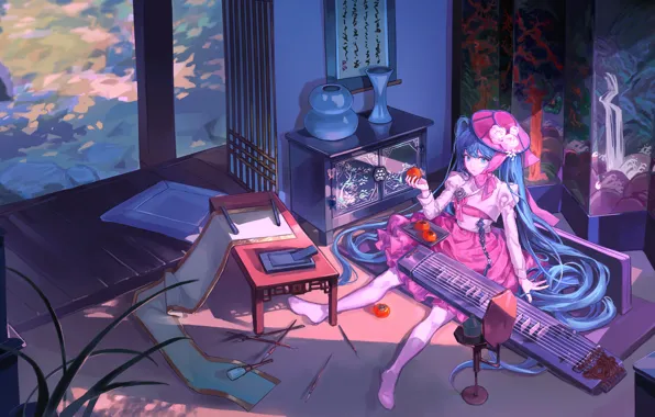 Девушка, комната, Hatsune Miku, Vocaloid, хурма