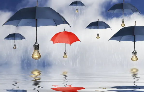 Вода, отражение, дождь, зонтики, зонты, лампочки
