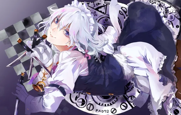 Улыбка, часы, перчатки, косички, ножи, touhou, униформа, горничная