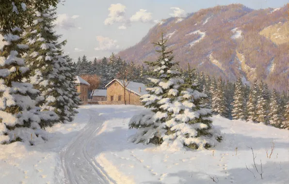 Картинка зима, дорога, лес, снег, пейзаж, горы, дом, елки