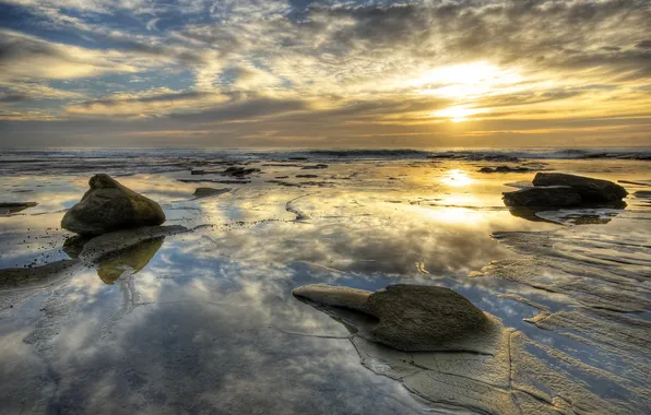 Море, вода, закат, камни, берег