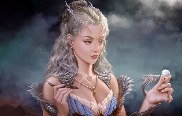 Девушка, Дракон, Змея, Жемчуг, Блондинка, Лицо, Girl, Dragon
