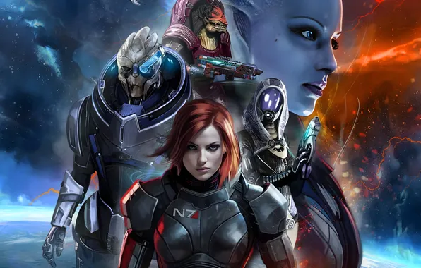 Картинка Urdnot Wrex, video game characters, video game art, Mass Effect, Dr. Liara, Garrus Vakarian, Soni, …