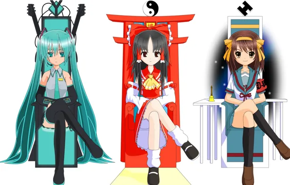 Кресло, белый фон, vocaloid, сидит, Hatsune Miku, touhou, трое, инь-ян