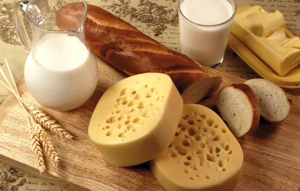 Стакан, масло, сыр, молоко, колоски, хлеб, доска, кувшин