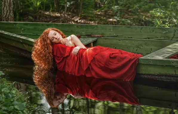 Вода, девушка, поза, отражение, настроение, лодка, рука, сон