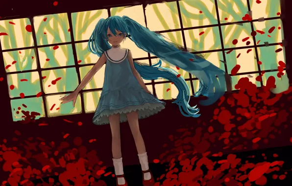 Деревья, цветы, аниме, платье, арт, девочка, Hatsune Miku, Vocaloid