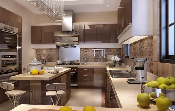Яблоки, мебель, кухня, лимоны, MAIN KITCHEN AREA