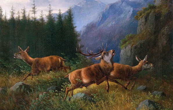 Горы, Деревья, Картина, Олени, Немецкий художник-анималист, Мориц Мюллер, Moritz Muller, Олени в горах