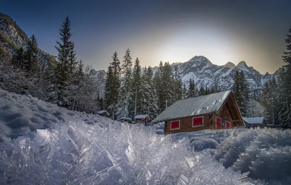 Картинка зима, снег, деревья, пейзаж, горы, природа, дома, ели