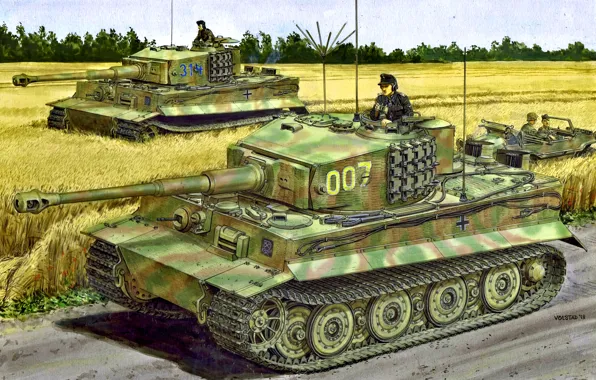 Картинка дорога, машина, солдаты, танкист, Вторая Мировая война, производства, Tiger I, Западный фронт