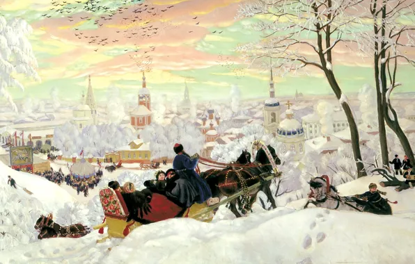 Картинка зима, снег, люди, праздник, картина, лошади, сани, живопись