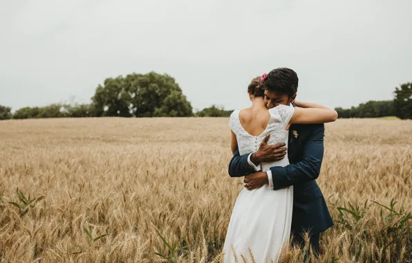 Love, hug, bride, countryside, happiness, wheat field, cloudy, groom