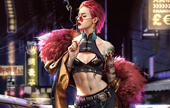 Картинка girl, pink hair, art, tatoo, sun glasses