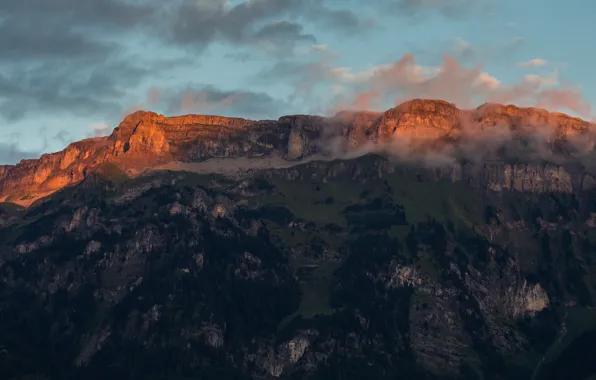 Облака, деревья, закат, скалы, Горы, Switzerland, Ринггенберг, Roteflue