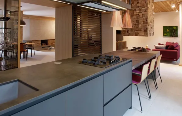 Интерьер, кухня, камин, гостиная, столовая, NONAGON style, functional privacy kitchen, contemporary shared space
