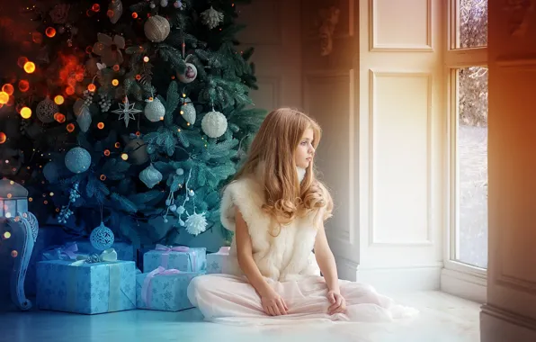 Картинка зима, комната, праздник, новый год, рождество, окно, девочка, подарки