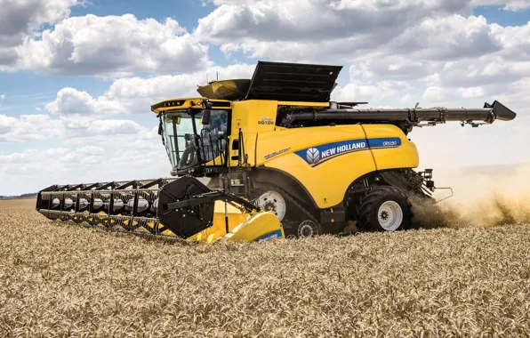 Облака, Поле, Пшеница, Кабина, 2018, Комбайн, New Holland, New Holland CR10.90 Revelation