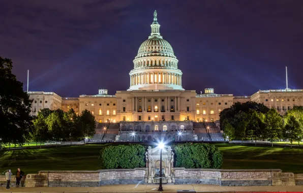 Картинка фото, Дома, Вечер, Город, Вашингтон, США, Уличные фонари, Capitol Building