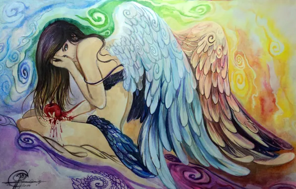 Картинка взгляд, девушка, лицо, поза, волосы, крылья, ангел, руки