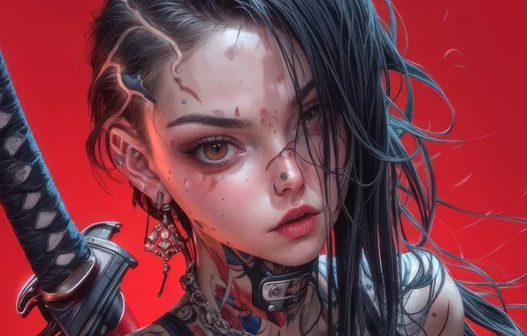 Girl, anime, Tattoo, Katana, Red Background, Anime Girl, Ai Art