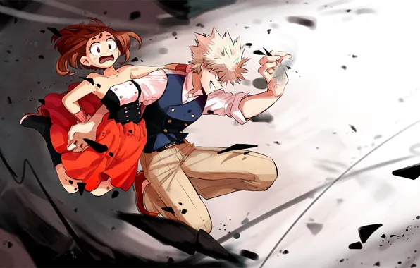 Аниме, арт, герои, персонажи, Boku no Hero Academia, Моя геройская академия, Бакуго Катсуки, Урарака Очако