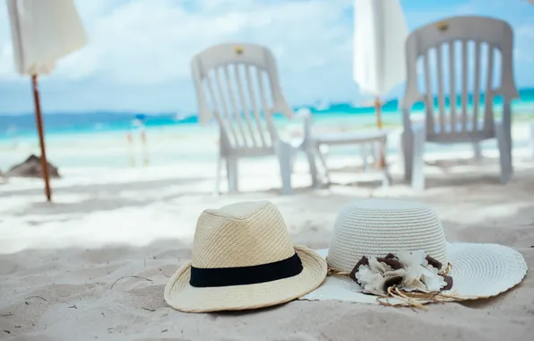 Картинка песок, пляж, лето, отдых, шляпы