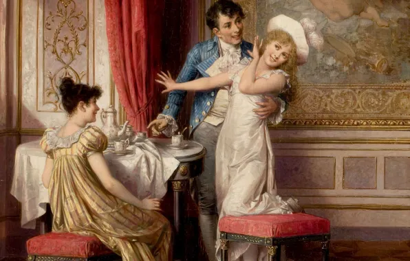 Обои девушки, дамы, картина, Австрия, чаепитие, свидание, girls, Austria, picture, tea party, Вена, Vienna, gentleman, 19-th …