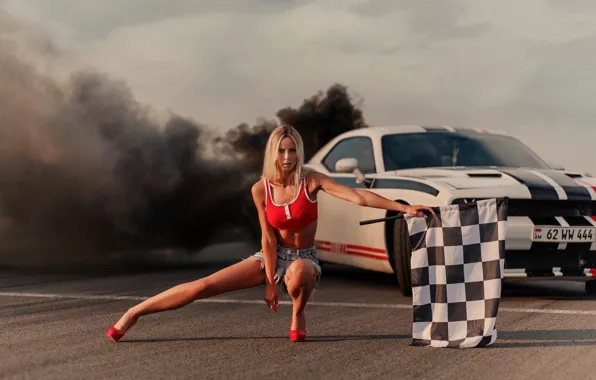 Картинка car, Dodge Challenger, shorts, sky, clouds, model, women, blonde