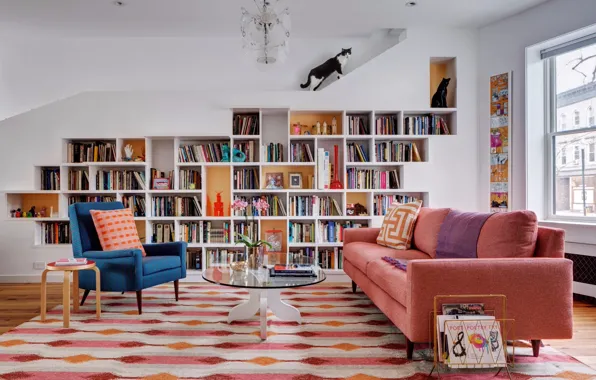 Комната, интерьер, библиотека, гостиная, House in New York