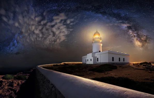 Картинка ночь, маяк, звёзды, Испания, Spain, Балеарские острова, Balearic islands, Menorca