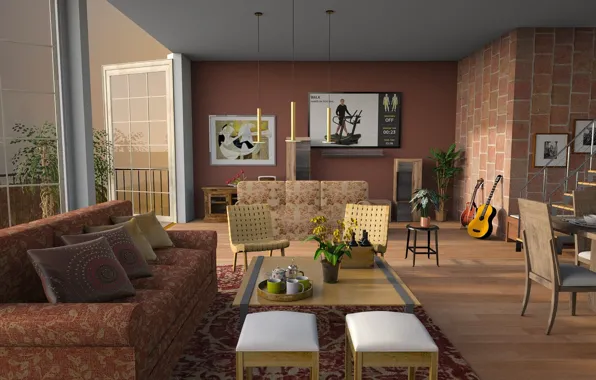 Дизайн, стол, комната, диван, стулья, интерьер, картина, гитары