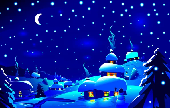 Картинка зима, лес, небо, снег, деревья, снежинки, ночь, огни