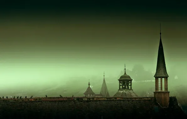 Картинка крыша, небо, город, туман, дымка, башенка