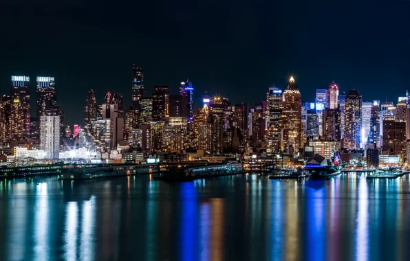 Картинка city, lights, USA, night, New York, reflection, skyscrapers