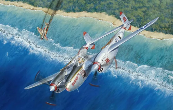 Картинка aviation, ww2, painting, fighter, airplane, art, p 38 lightning, war