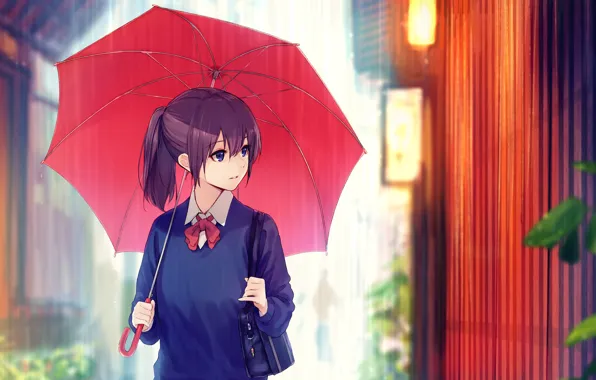 Дождик, забор, школьница, сумка, на улице, красный зонт, под зонтом