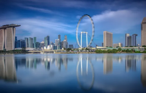 Картинка отражение, день, Сингапур, колесо обозрения