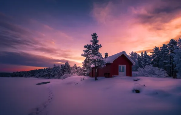 Картинка зима, снег, закат, краски, тропа, вечер, домик