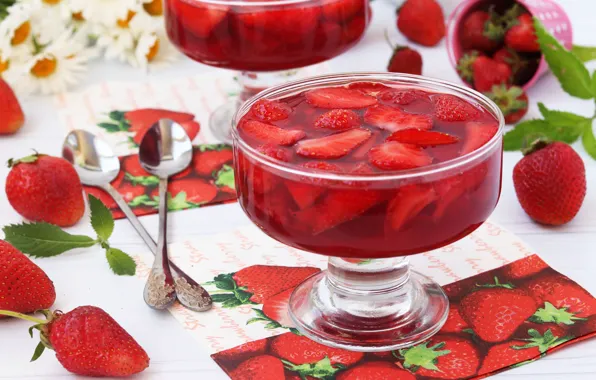 Ягоды, клубника, желе, ложки