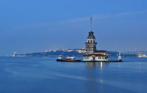 Картинка город, пролив, маяк, Стамбул, Турция, Босфор