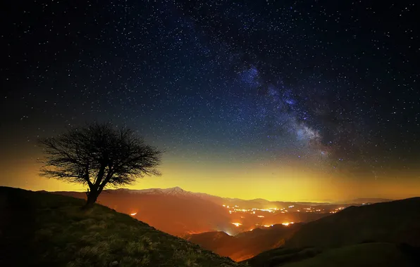 Звезды, горы, ночь, дерево, Италия, млечный путь, Национальный парк Сибиллини