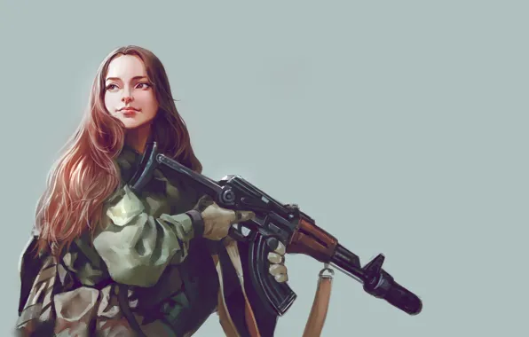 Картинка взгляд, девушка, оружие, фон, арт, длинные волосы