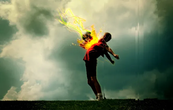 Небо, облака, огонь, футбол, мяч, холм, sport, fire